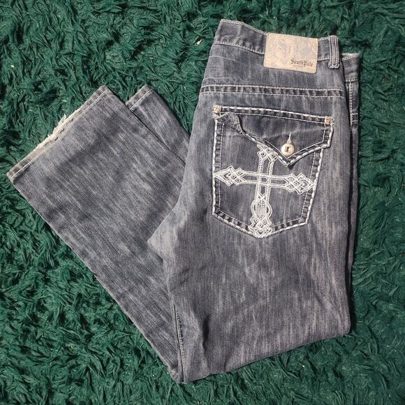 Southpole Premium Jeans Mens 38x30 Cross Embroidered Distressed Hem Denim - Picture 1 of 9
